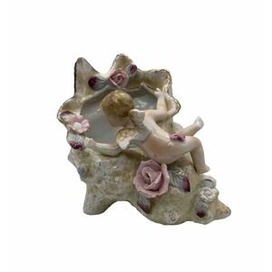 Vintage Cherub Angel Porcelain Conch Shell Planter Gold Accents Pink Cream Gold